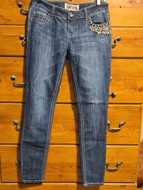 Kiss Denim Skinny Jeans with Crystal Accent - Blue